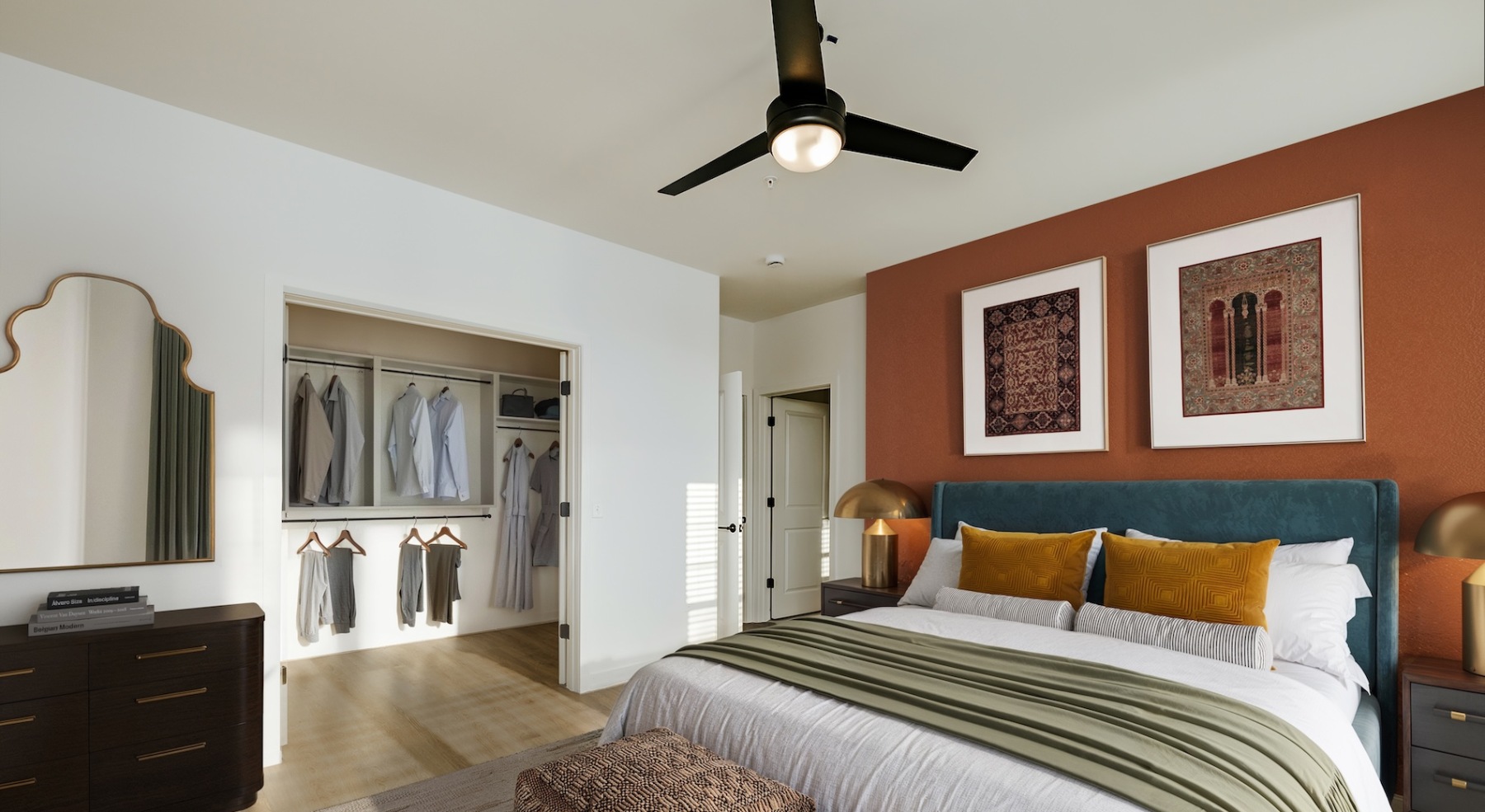 bedroom with a closet and painted accent walls