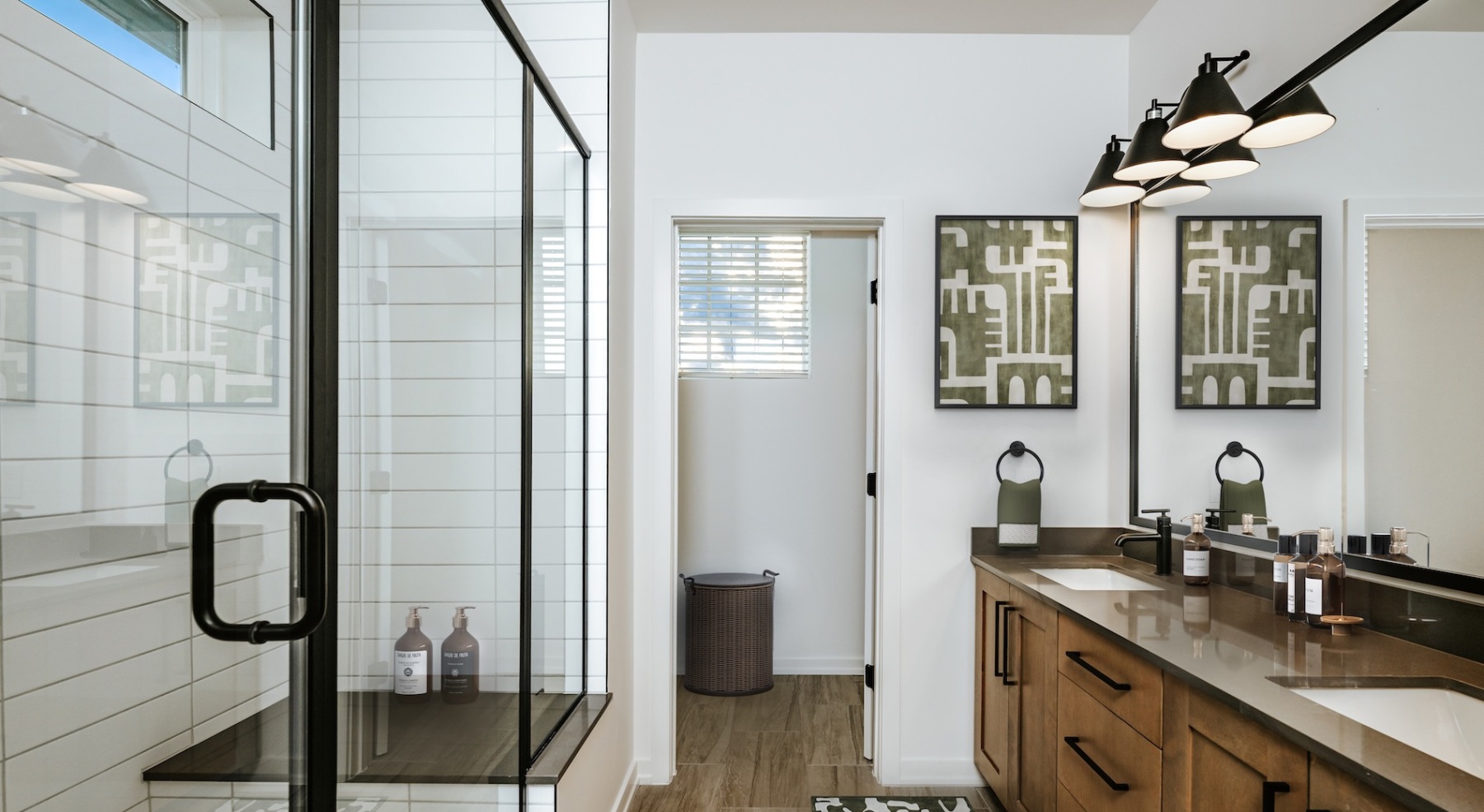 bath area with wooden style flooring and modern fixtures 